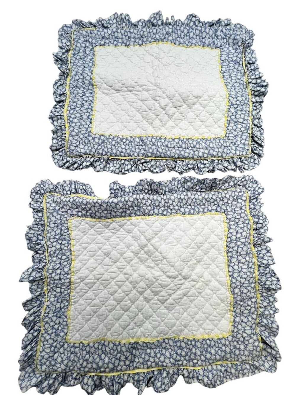 Vintage 100% Cotton Ruffle Trim Floral Print Reversible Quilted Pillow Shams